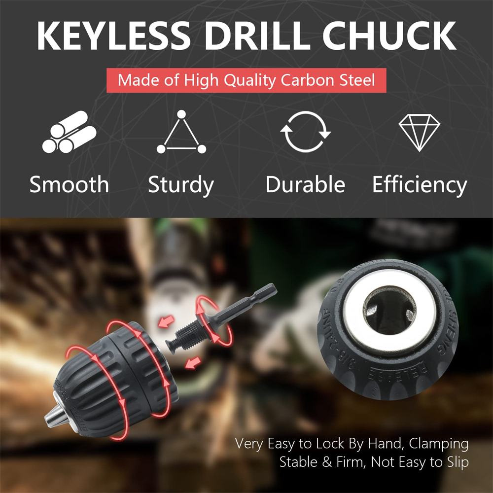AliExpress 0.8mm-10mm Keyless Drill Chuck Set, with Hex Shank, 3/8-24UNF Quick Grip Adapter, Chuck for Drill Bit Screwdriver Tap & Sockets, view 3
