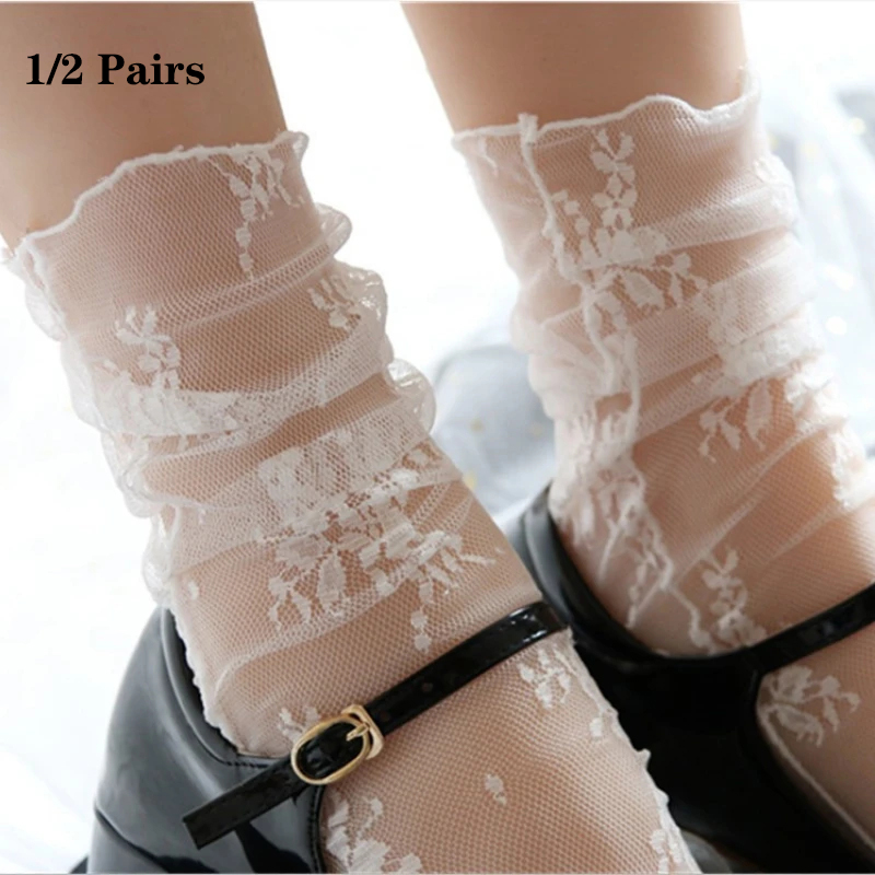 AliExpress 1/2 Pairs Thin Socks Women Summer Ultra Breathable Transparent Lace Socks Lolita Soft Sexy White Ins Mid Socks Fishnet Woman