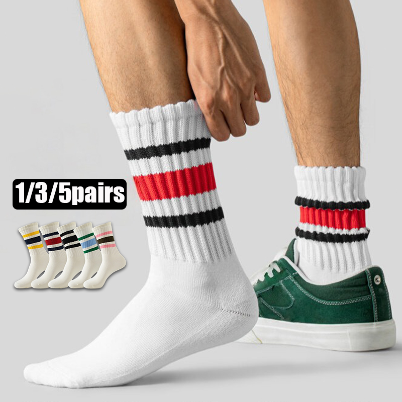AliExpress 1/3/5 Pairs Men's Retro Striped Crew Socks Breathable Ribbed Athletic Tube Sock for Sports Skateboardin High Quality Casual Sox