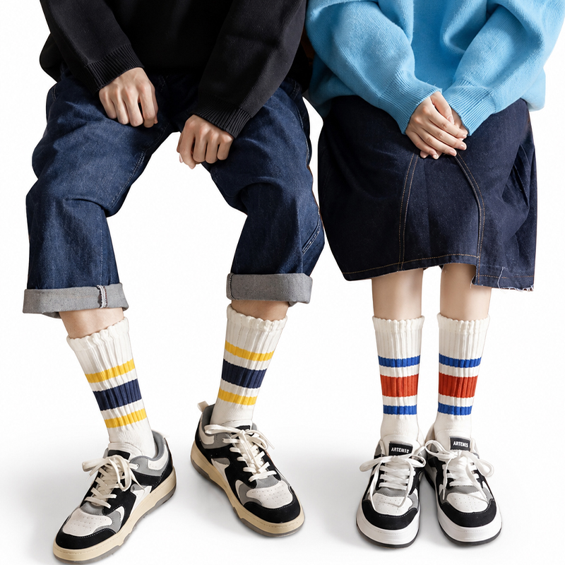 AliExpress 1/3/5 Pairs Men's Retro Striped Crew Socks Breathable Ribbed Athletic Tube Sock for Sports Skateboardin High Quality Casual Sox, view 5