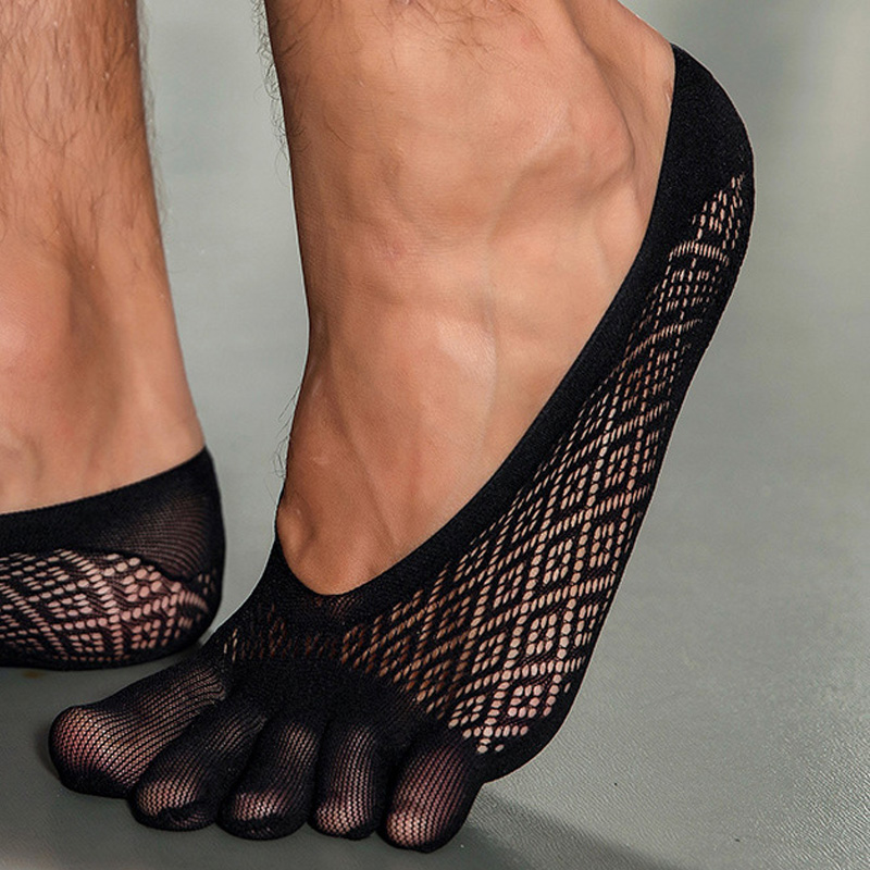 AliExpress 1/5 Pairs Summer Invisible No Show Five Finger Socks Mens Thin Velvet Non-Slip Mesh Breathable Elastic Solid Silk Socks Toes, view 4
