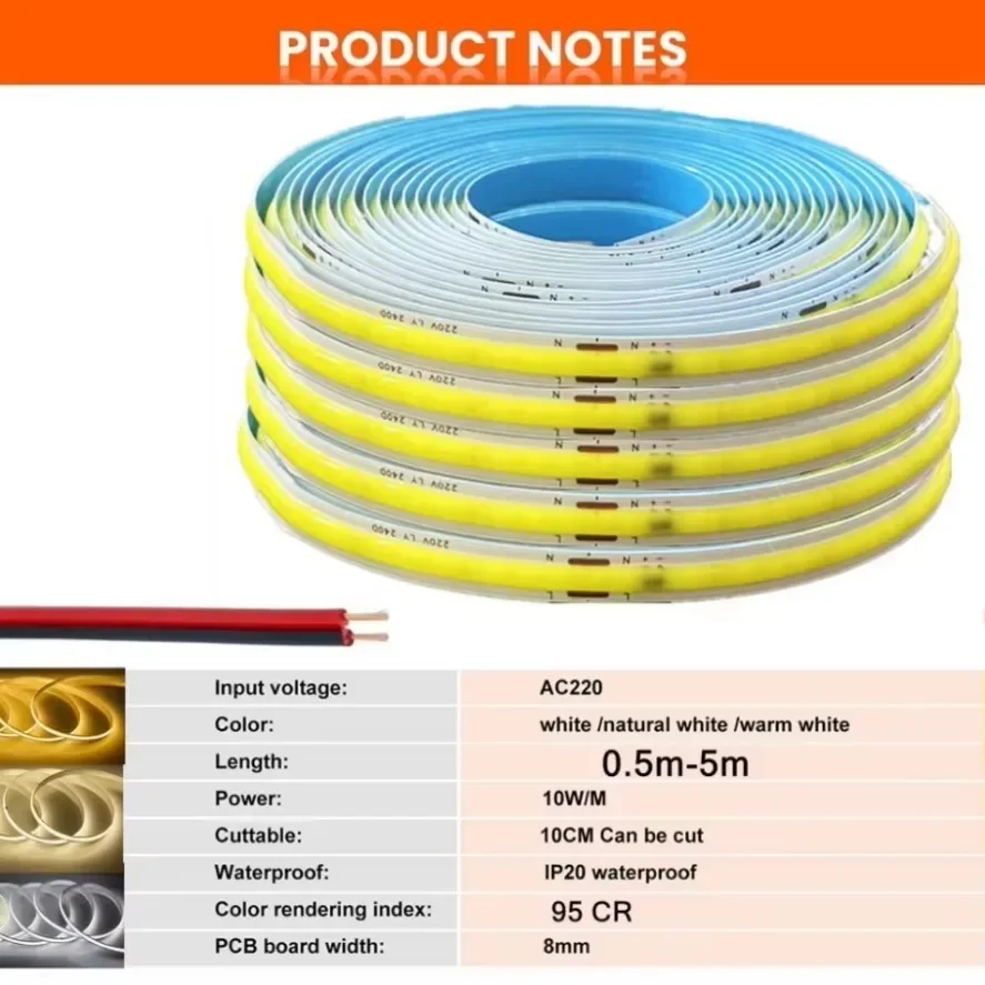 AliExpress Driverless 220V COB LED Strip Light (1-5m), view 6