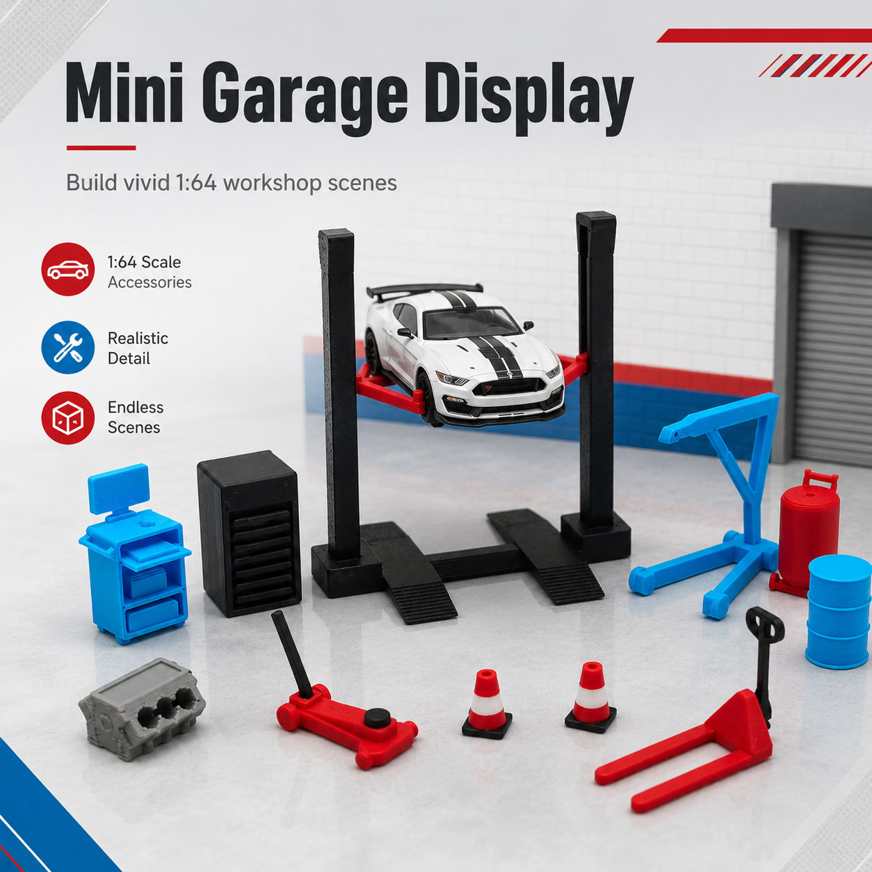 AliExpress 1:64 Garage Workshop Miniature Accessory Set, Car Lift Tools, Repair Shop Diorama Display Decor for Model Cars, view 2