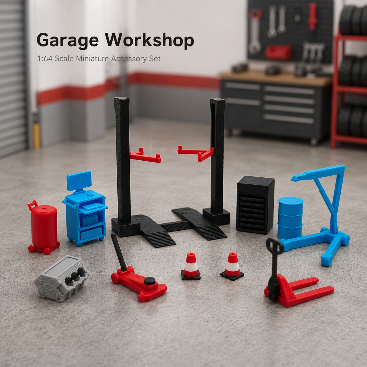 AliExpress 1:64 Garage Workshop Miniature Accessory Set, Car Lift Tools, Repair Shop Diorama Display Decor for Model Cars, view 5