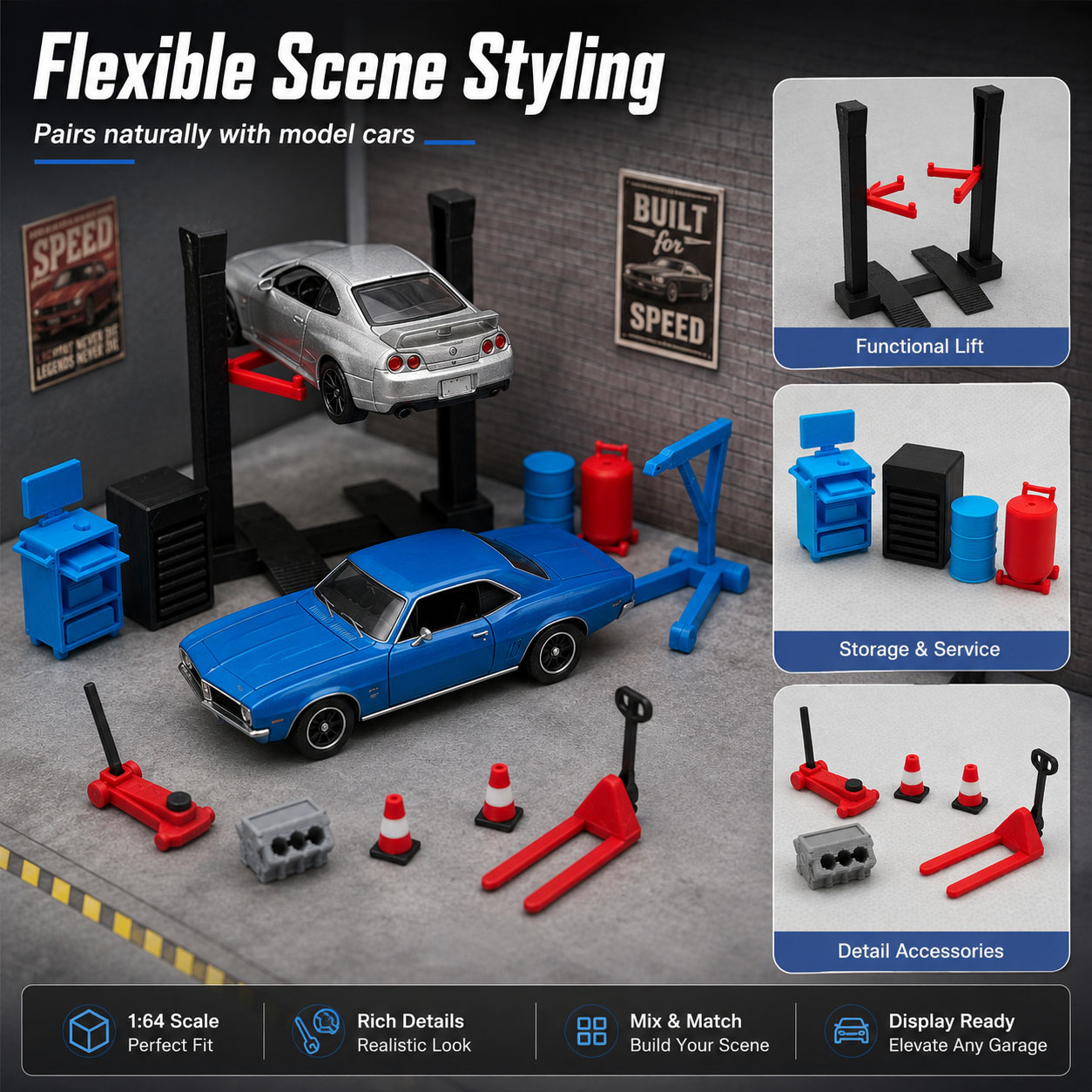 AliExpress 1:64 Garage Workshop Miniature Accessory Set, Car Lift Tools, Repair Shop Diorama Display Decor for Model Cars, view 3