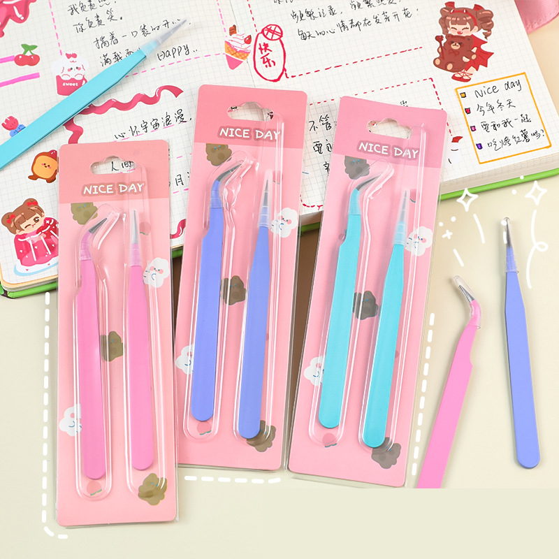 AliExpress 1 pair of tweezers set, single elbow tweezers, hand account stickers, picking tool, multifunctional color clip
