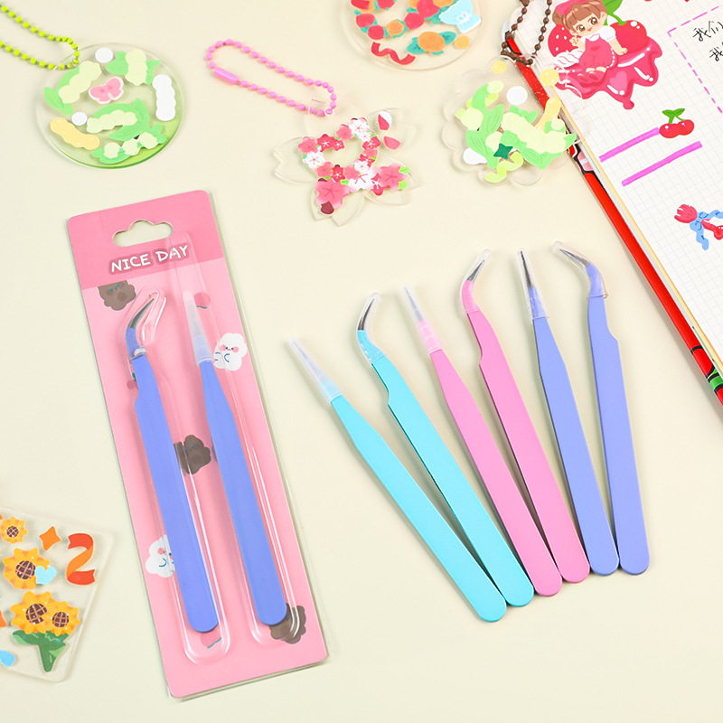 AliExpress 1 pair of tweezers set, single elbow tweezers, hand account stickers, picking tool, multifunctional color clip, view 3