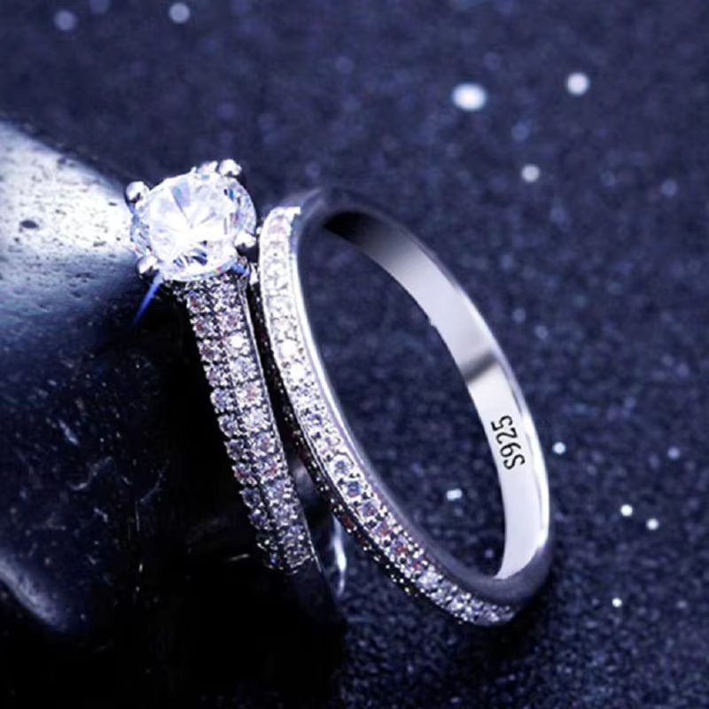 AliExpress Vintage Halo 925 Sterling Silver Wedding Ring Set, view 2