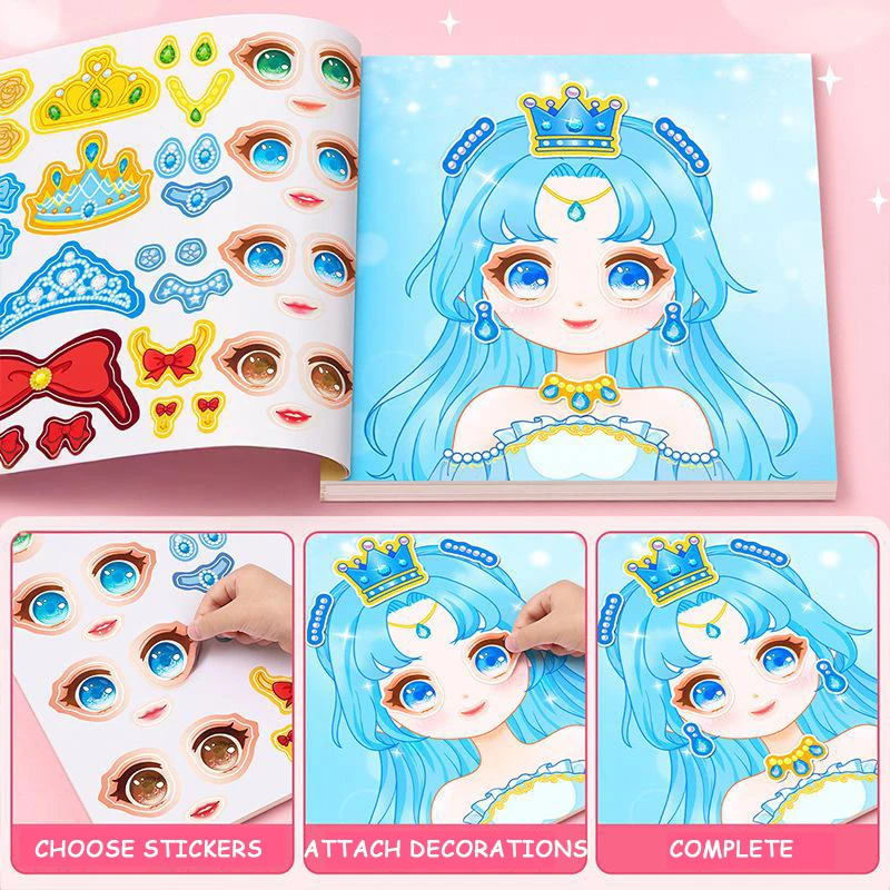 AliExpress 1 set Cartoon princess style jigsaw puzzle stickers, reusable, girl smiling face stickers, creative handmade toy stickers, view 4