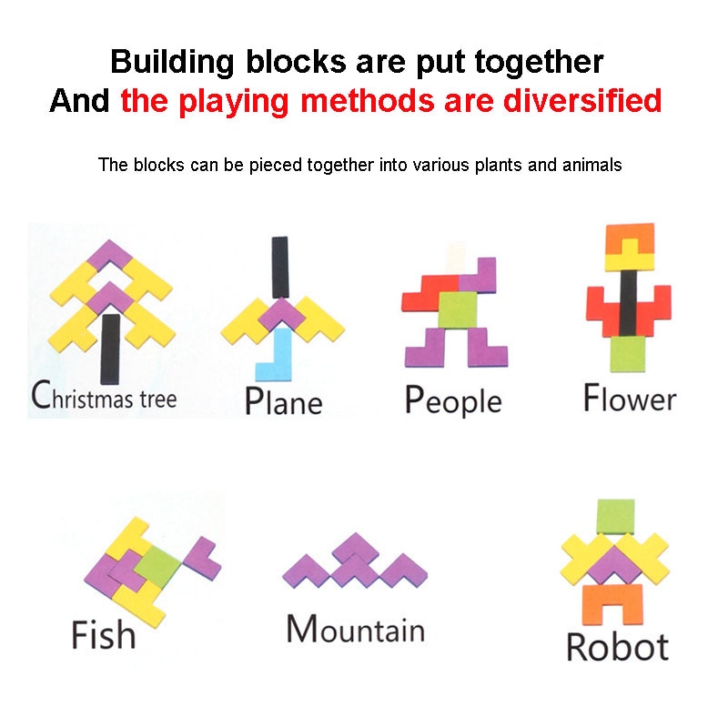 AliExpress 1 Set Wooden Blocks Puzzle Brain Teasers Toy Tangram Jigsaw Intelligence Colorful 3D Russian Blocks Montessori Educational, view 3