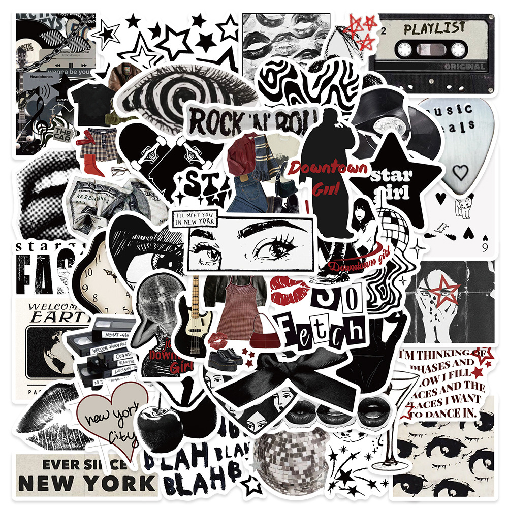 AliExpress 10/30/50pcs Black White Cartoon Y2K Aesthetic Stickers Cool Downtown Girls Decals Laptop Luggage Guitar Waterproof Sticker Decor