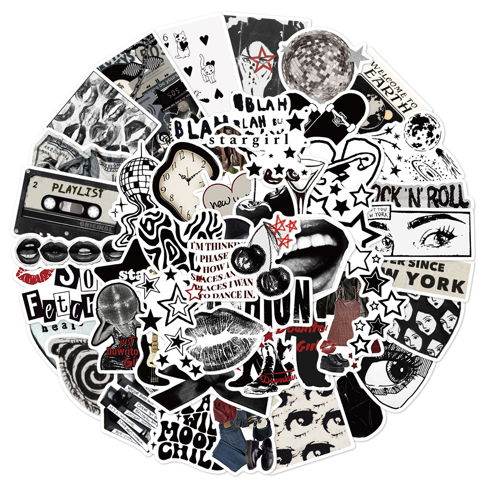 AliExpress 10/30/50pcs Black White Cartoon Y2K Aesthetic Stickers Cool Downtown Girls Decals Laptop Luggage Guitar Waterproof Sticker Decor, view 2