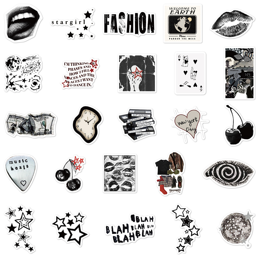AliExpress 10/30/50pcs Black White Cartoon Y2K Aesthetic Stickers Cool Downtown Girls Decals Laptop Luggage Guitar Waterproof Sticker Decor, view 5