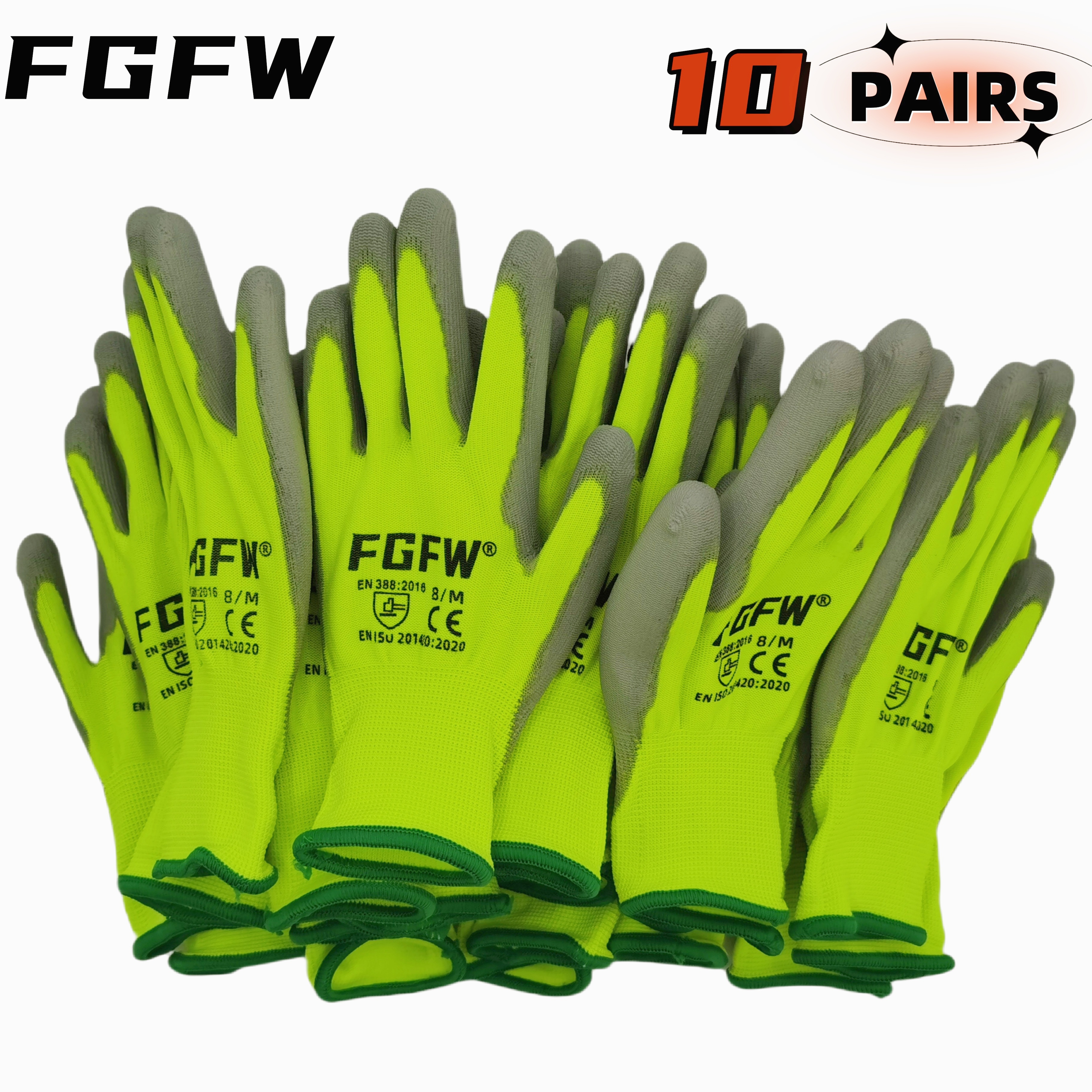 AliExpress 10 Pairs PU Coated Work Gloves - Lightweight, Durable Safety Gloves EN 388/ISO20471 Certified, Sizes S/M/L/XL