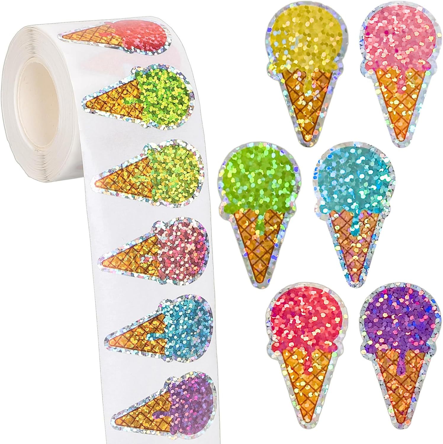 AliExpress 100-500 Pcs Summer Ice Cream Stickers Roll Holographic Ice Cream Cone Stickers Colored Waterproof Self-Adhesive Decals for Gift