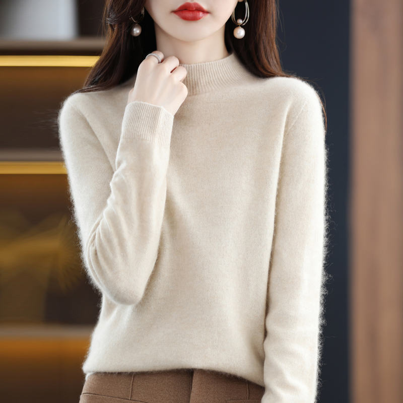 AliExpress 100% merino wool cashmere sweater women's sweater semi-high-necked long-sleeved pullover new warm pullover in autumn and winter., view 4