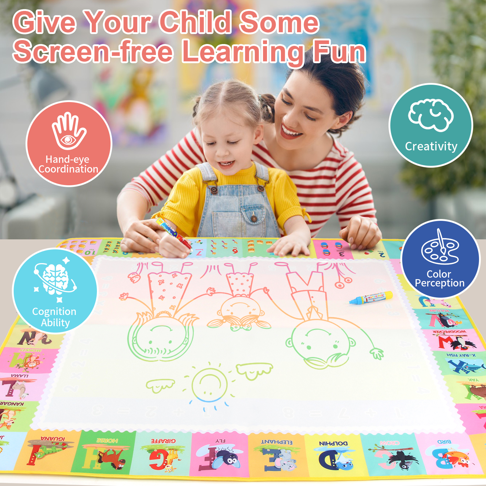 AliExpress 100x80CM Magic Water Drawing Mat Coloring Doodle With Reusable Magic Pens Montessori Painting Board Educational Toys Kids Gifts, view 3