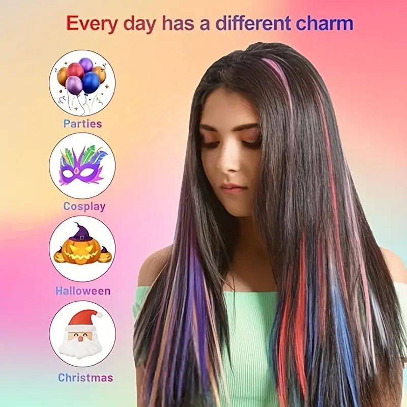 AliExpress 10pcs 22Inch Synthetic Long Straight Hair Extensions Clip in Colored Party Highlights Hairpieces for Women Kids Girls, view 5