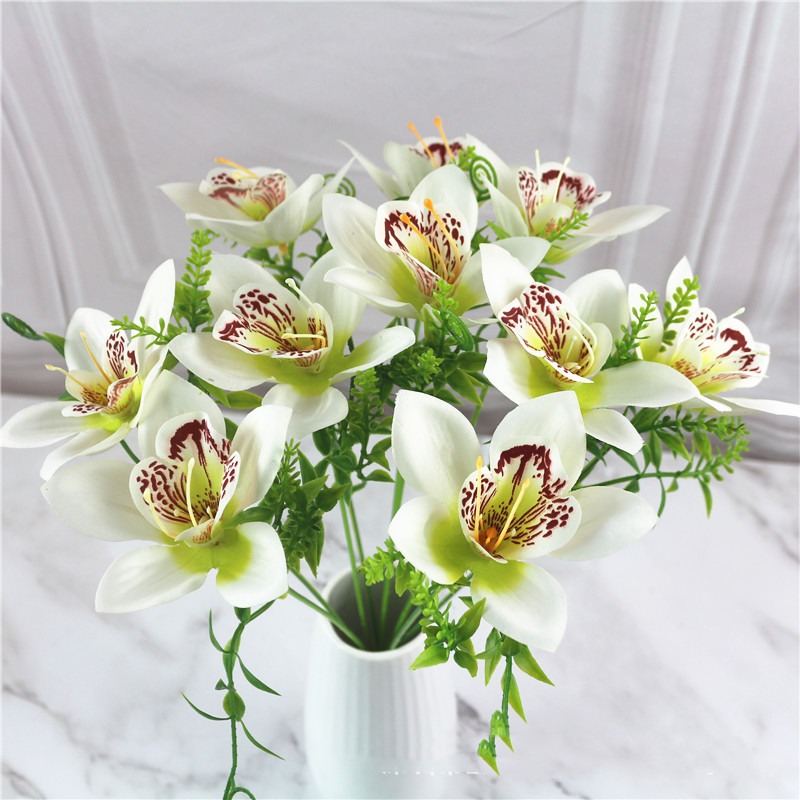 AliExpress 10Pcs/Bouquet Artificial Orchid Flore White Silk Fake Orchid Flower DIY Wedding Back Road Home Desk Vase Accessories Faux Flores, view 5