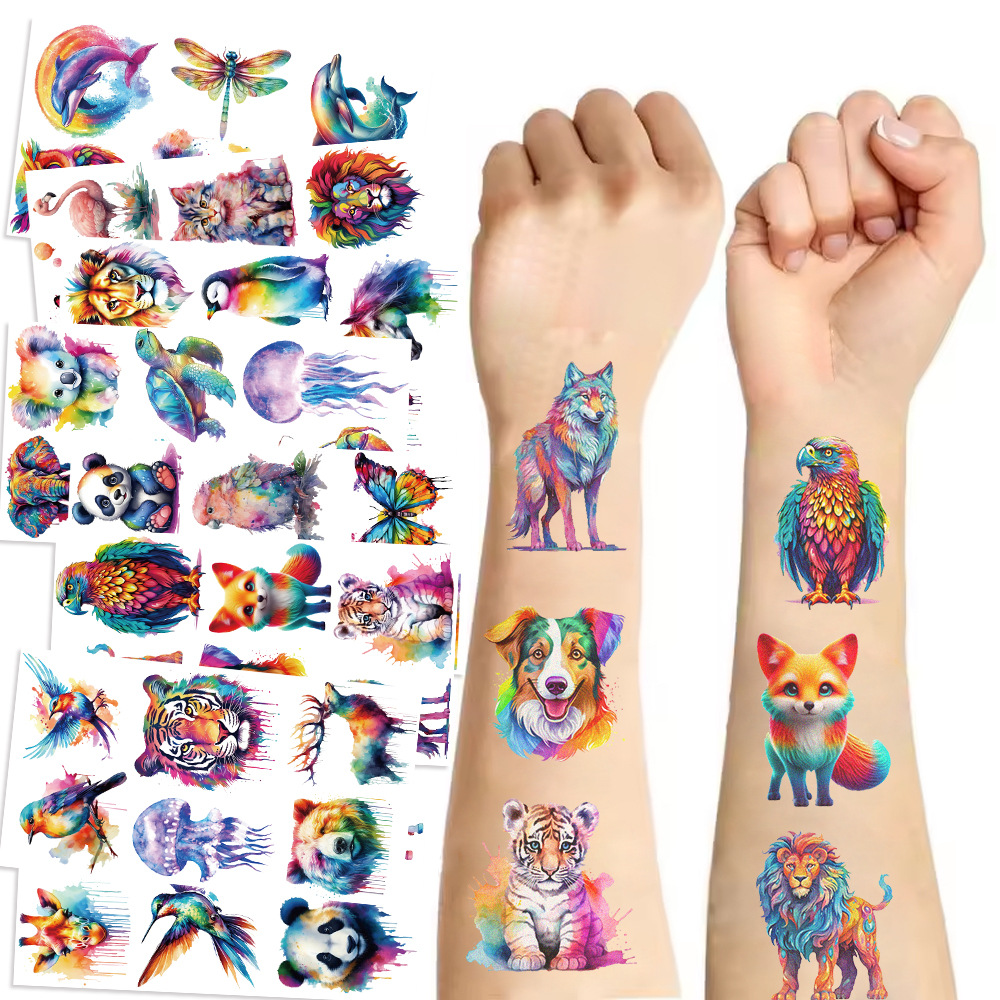 AliExpress 10Sheets Cartoon Watercolor Animal Tattoo Stickers Wolf Tiger Shark Bird Pattern Party Decoration Temporary Fun Tattoo Stickers, view 2