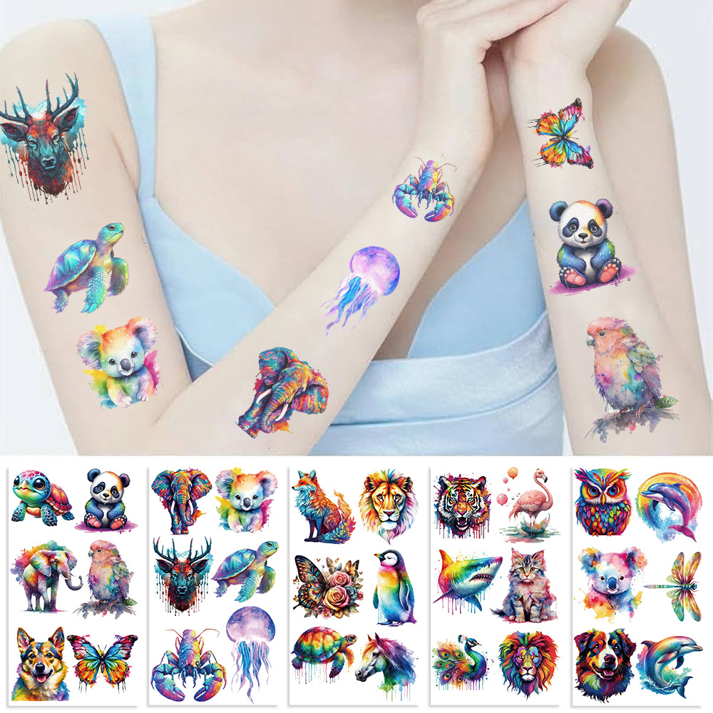 AliExpress 10Sheets Cartoon Watercolor Animal Tattoo Stickers Wolf Tiger Shark Bird Pattern Party Decoration Temporary Fun Tattoo Stickers, view 3