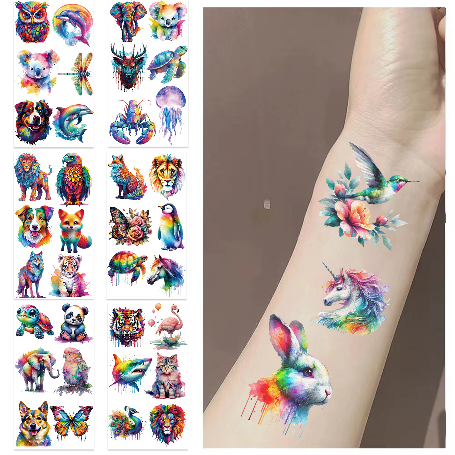 AliExpress 10Sheets Cartoon Watercolor Animal Tattoo Stickers Wolf Tiger Shark Bird Pattern Party Decoration Temporary Fun Tattoo Stickers, view 4