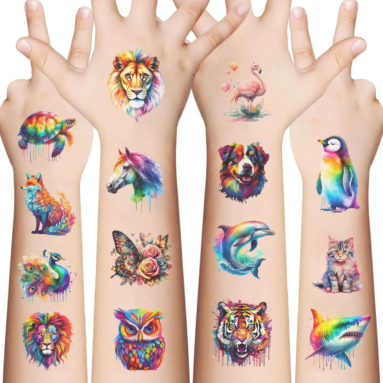 AliExpress 10Sheets Cartoon Watercolor Animal Tattoo Stickers Wolf Tiger Shark Bird Pattern Party Decoration Temporary Fun Tattoo Stickers, view 5