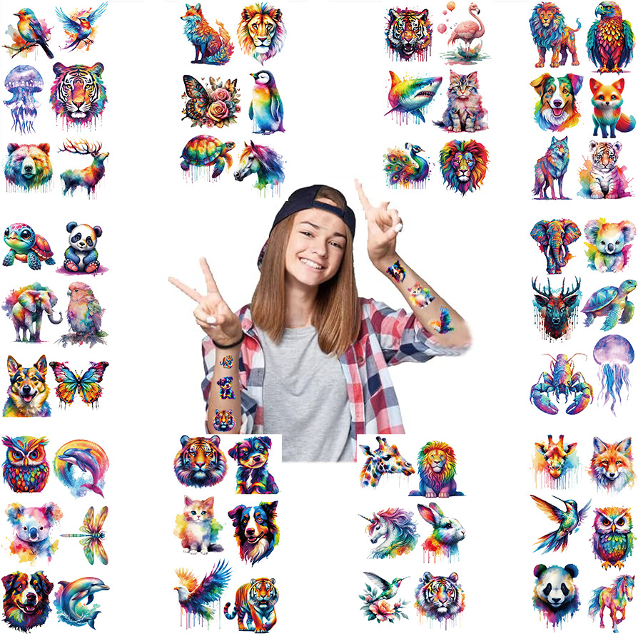 AliExpress 10Sheets Cartoon Watercolor Animal Tattoo Stickers Wolf Tiger Shark Bird Pattern Party Decoration Temporary Fun Tattoo Stickers, view 6