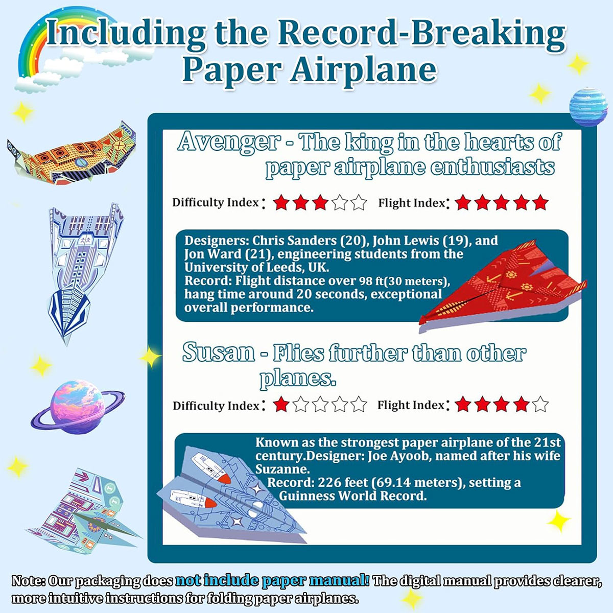 AliExpress 12/32 Sheets Origami Paper Airplane Kit 16 Classic Designs World Record Planes Boys Girls Beginner Gift Party Favor Easy to Fold, view 2