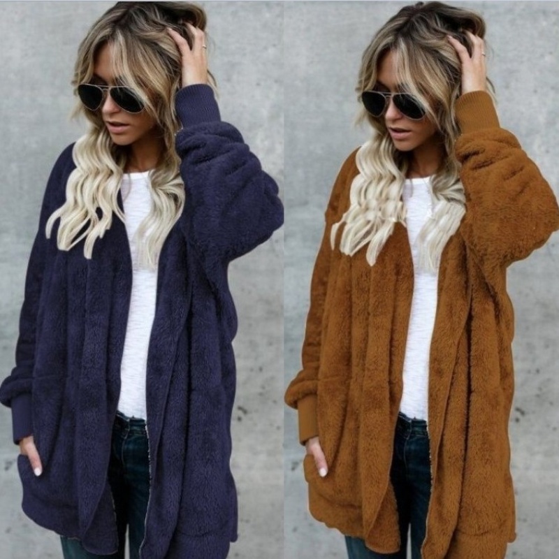 AliExpress 12 Colors Fleece Sweatshirt Long Cardigans Autumn Winter Female Long Sleeve Double Side Wear Flurry Loose Hoodie Coats Outwear, view 3