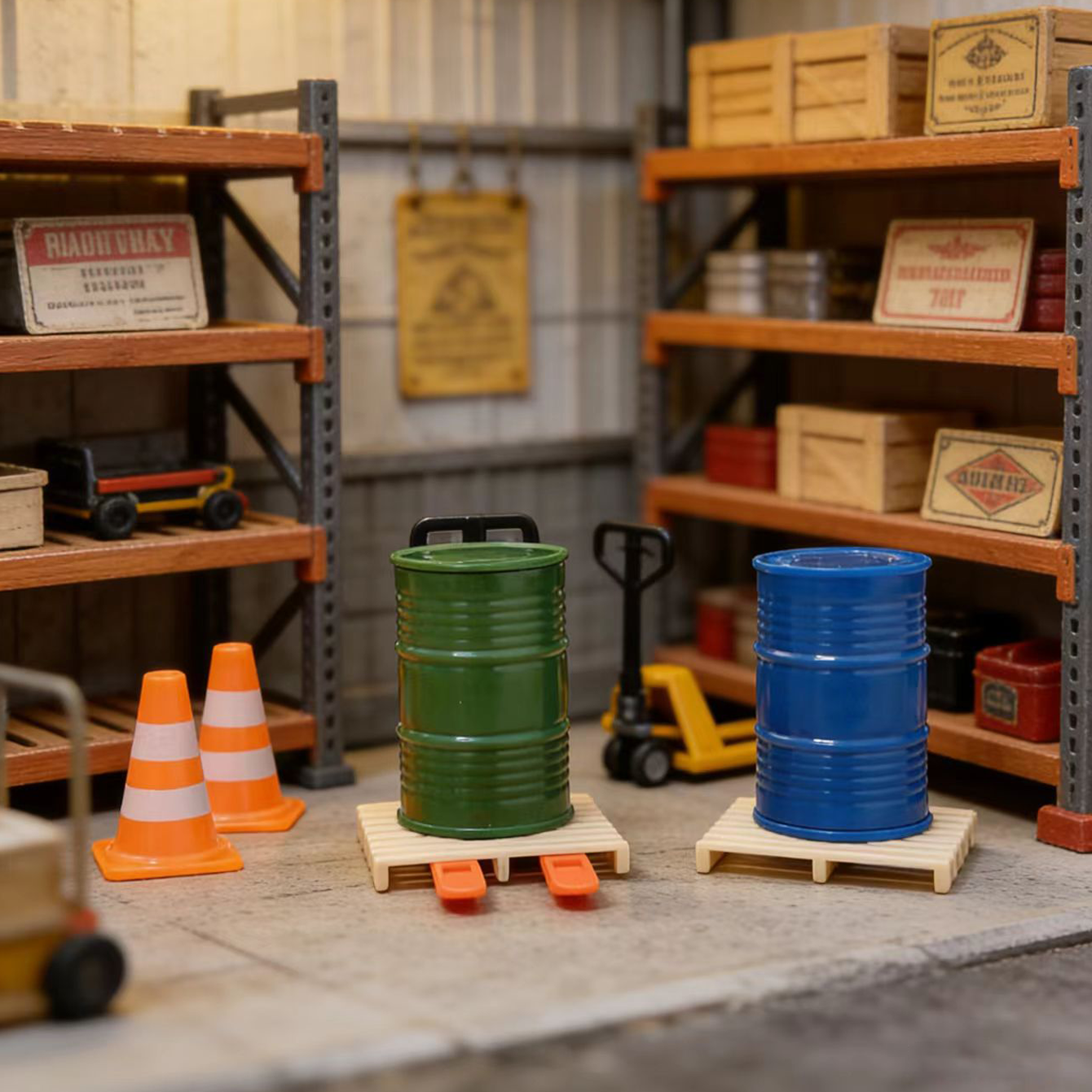 AliExpress 12 pcs Miniature logistics scene accessories: Mini pushcart / forklift / oil barrel / wooden pallet / road cone., view 3