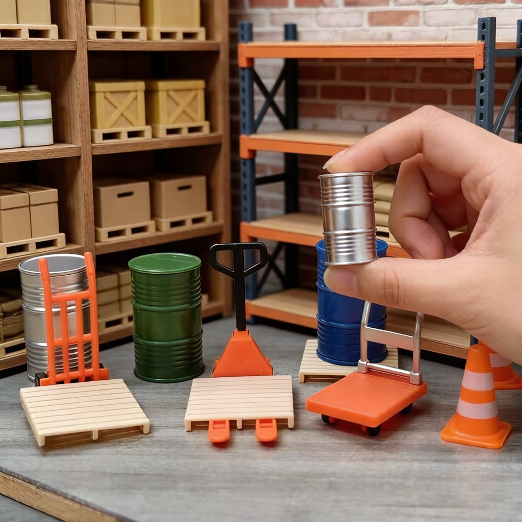 AliExpress 12 pcs Miniature logistics scene accessories: Mini pushcart / forklift / oil barrel / wooden pallet / road cone.