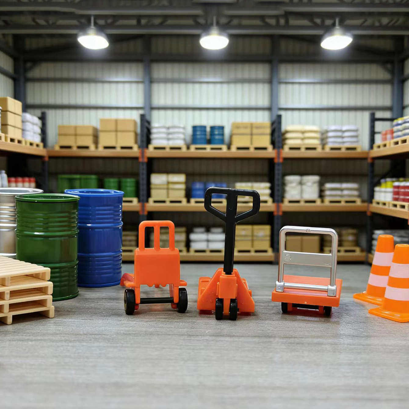 AliExpress 12 pcs Miniature logistics scene accessories: Mini pushcart / forklift / oil barrel / wooden pallet / road cone., view 2
