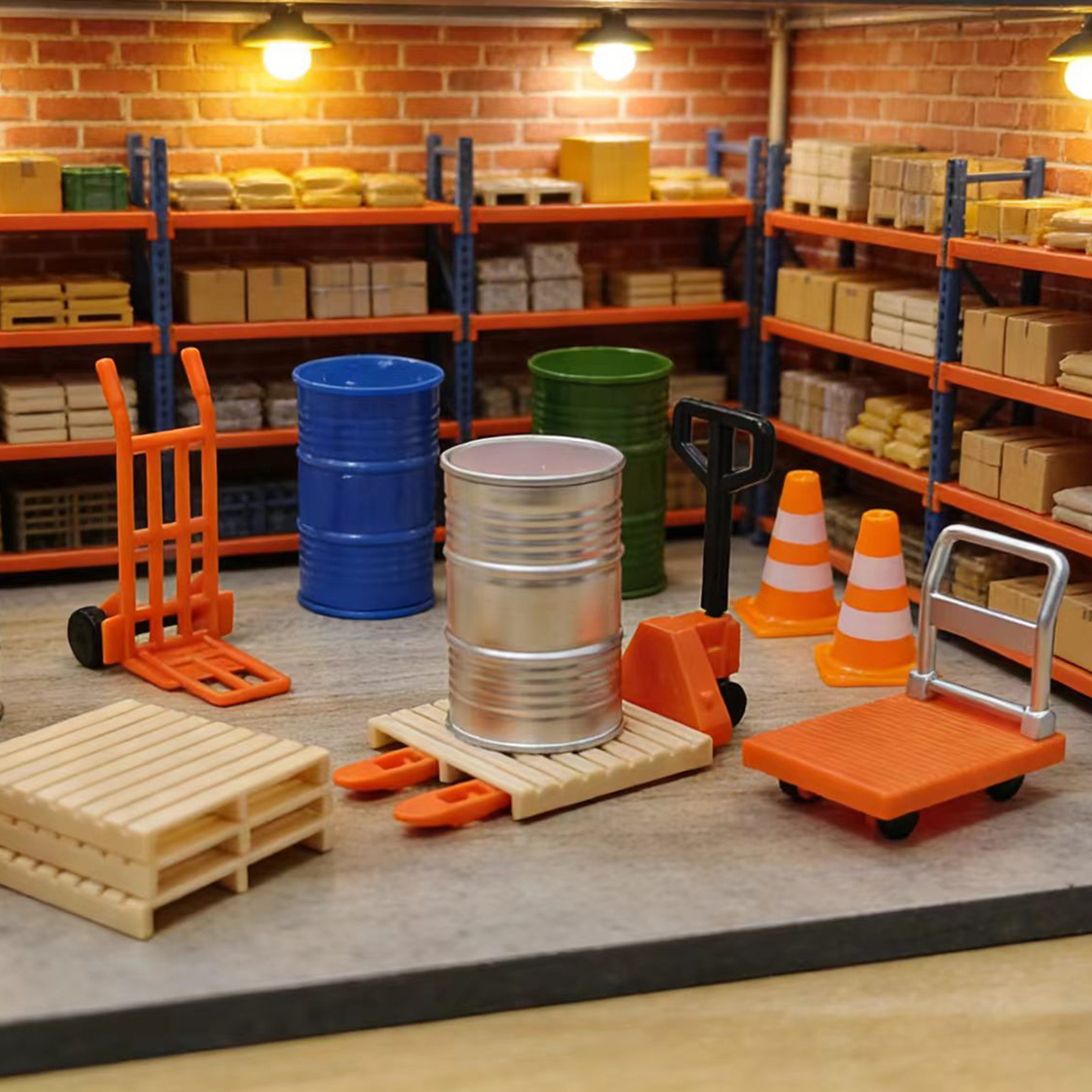 AliExpress 12 pcs Miniature logistics scene accessories: Mini pushcart / forklift / oil barrel / wooden pallet / road cone., view 4