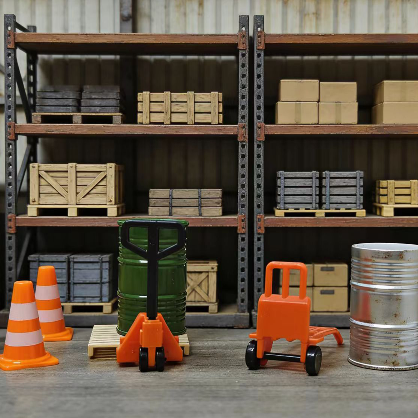 AliExpress 12 pcs Miniature logistics scene accessories: Mini pushcart / forklift / oil barrel / wooden pallet / road cone., view 5