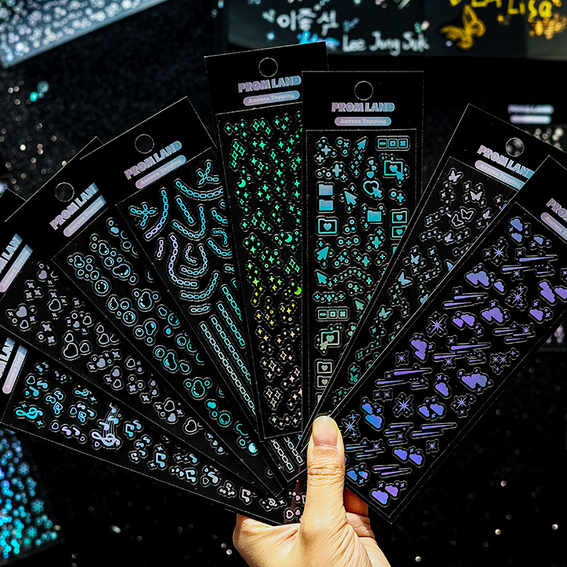 AliExpress 12Pcs Laser Long Strip Sticker Pack, Holographic Flash Pattern, for Journal Scrapbooking DIY Album Decor, Waterproof and Durable, view 4