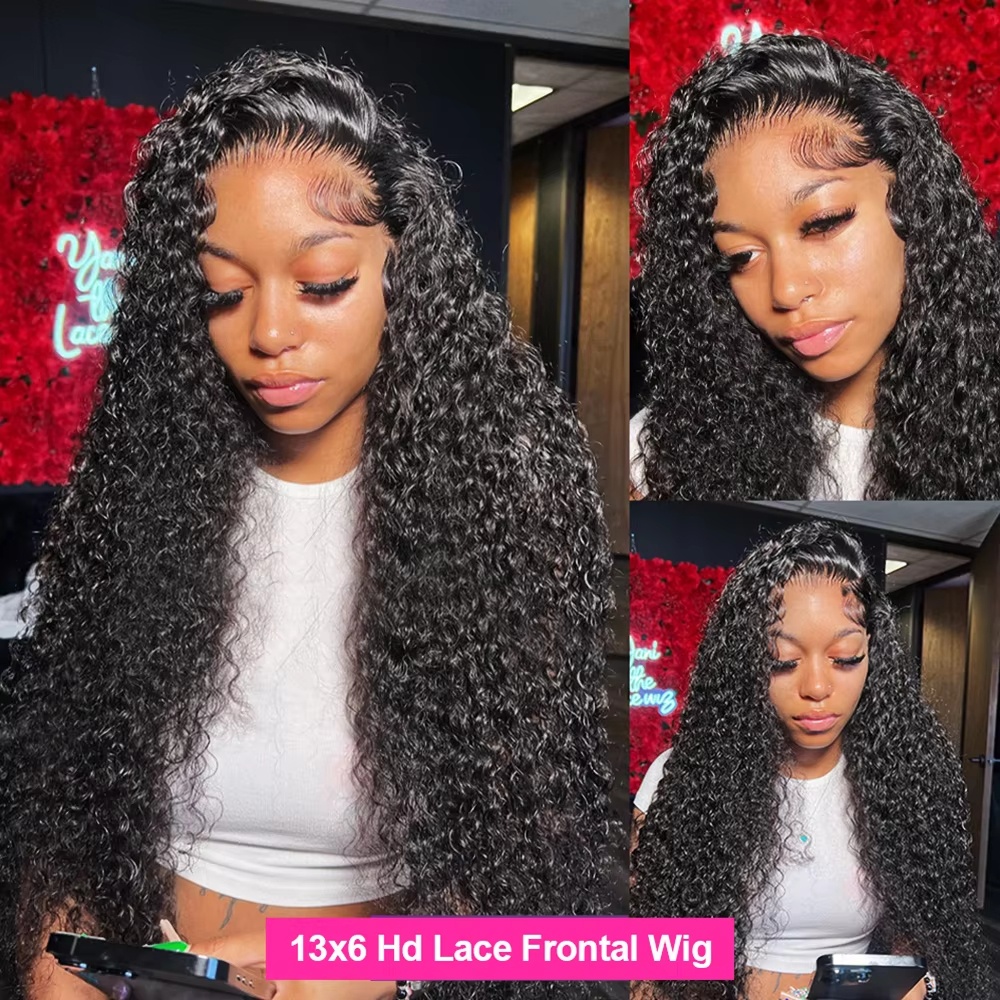 AliExpress 13x6 Glueless 250 Density Brazilian Deep Wave Curly HD Lace Frontal Human Hair Wig For Women Preplucked Best Hair Water Wig, view 3