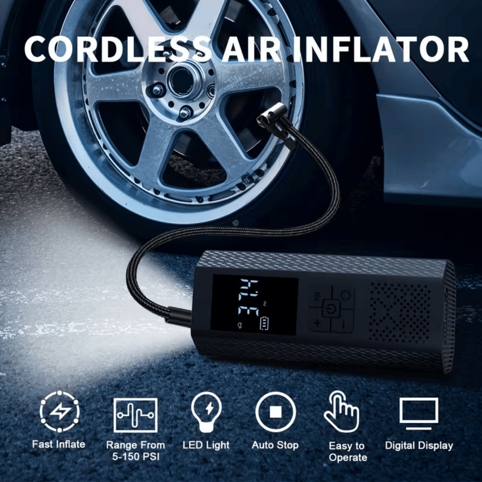 AliExpress 150 PSI Portable Air Compressor, 3X Faster Wireless Tire Inflator with Pressure Gauge, LED Display, One-Touch, USB Rechargeable, view 6