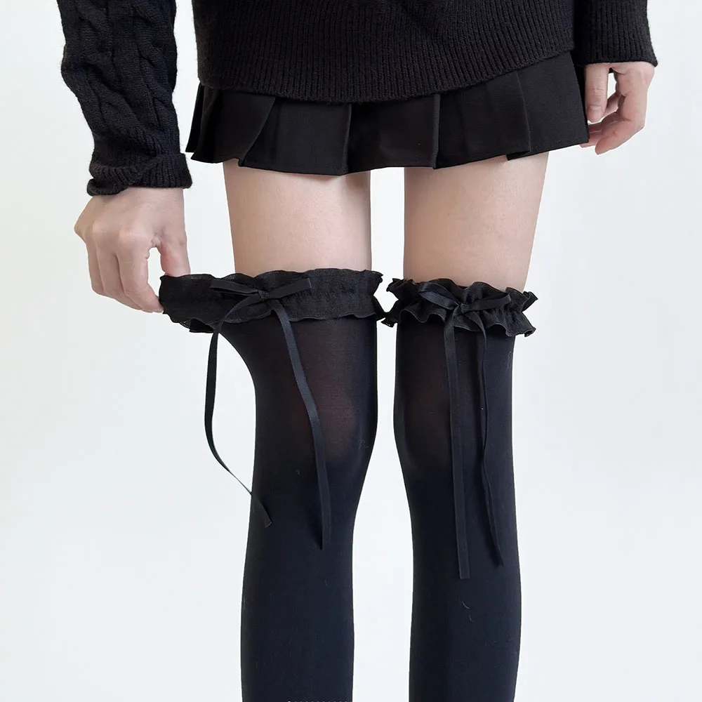 AliExpress 1Pair Spring Summer Women Stockings Sweet Lace Bow Thigh High Stockings Japanese Style Lolita Girls Kawaii Over Knee High Socks, view 3