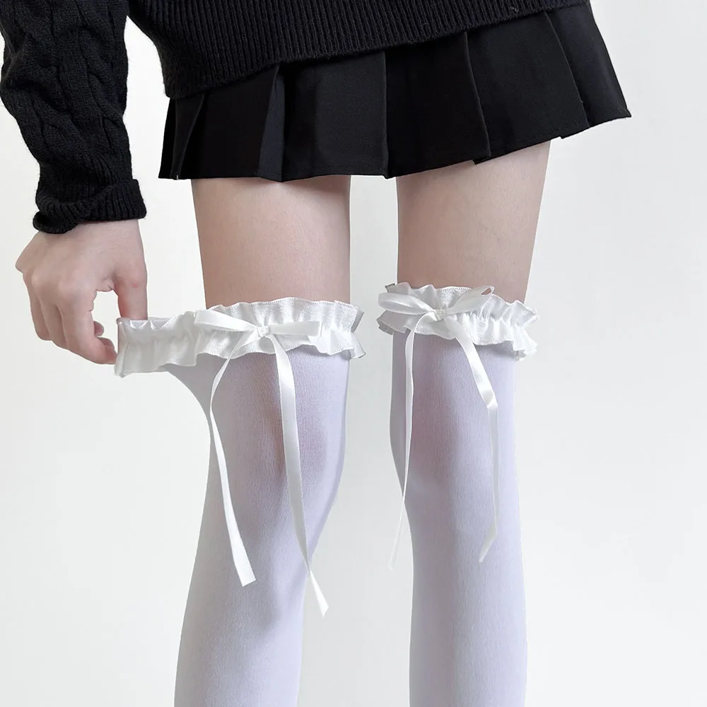 AliExpress 1Pair Spring Summer Women Stockings Sweet Lace Bow Thigh High Stockings Japanese Style Lolita Girls Kawaii Over Knee High Socks, view 5