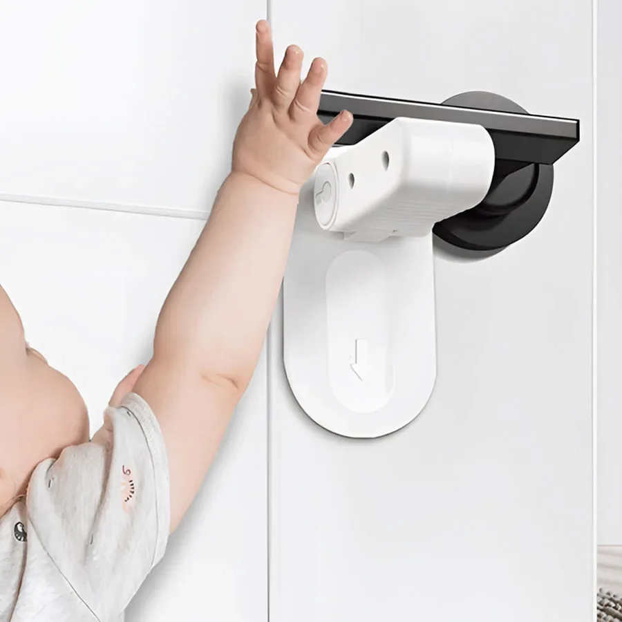 AliExpress 1PC Door Lever Lock Universal Anti-open Handle Child Baby Safety Locks Punch-free Multifunction Hidden Button Buckle Safety Lock, view 2
