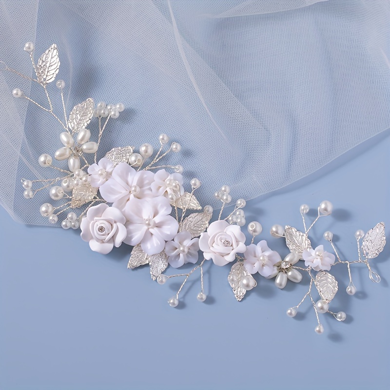 AliExpress 1Pc Flower Bride Wedding Hair Vine Pearl Bridal Hair Piece Leaf Hair Accessories Rhinestone Headband For Women And Girls, view 6