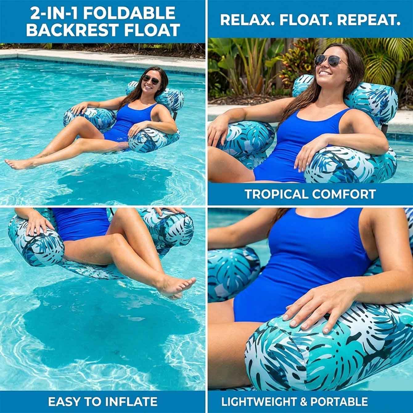 AliExpress 1PC Pool Floats Inflatable Floating Chair for Adults Tropical Pool Lounger with Headrest Armrests Summer Beach Water Hammock, view 4