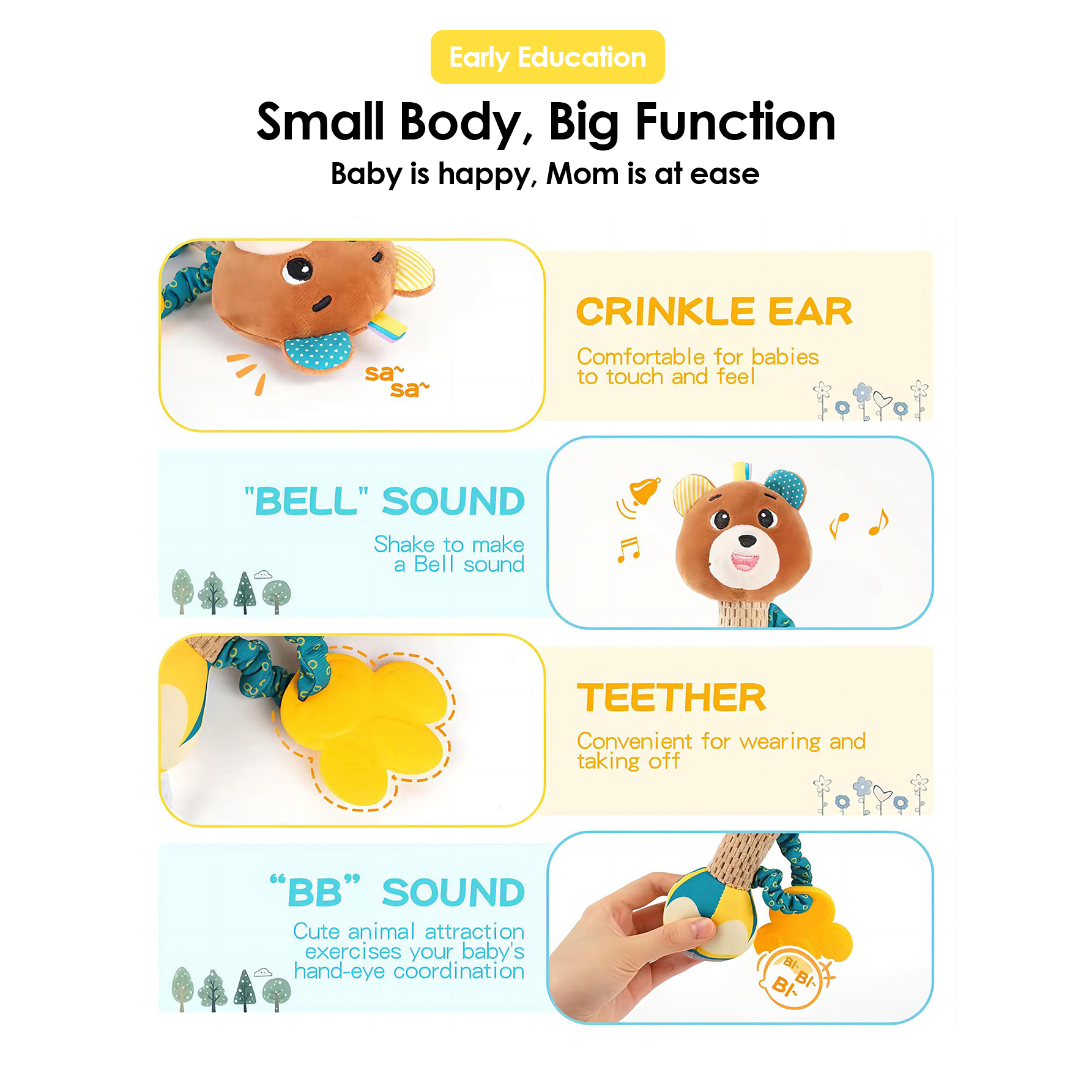 AliExpress 1pcs 0-12M Newborn Baby Dental Gum Hand Grip Soothing Toy Can Bite Practice Grasping Parent Baby Interactive Puzzle Rattle Toy, view 3