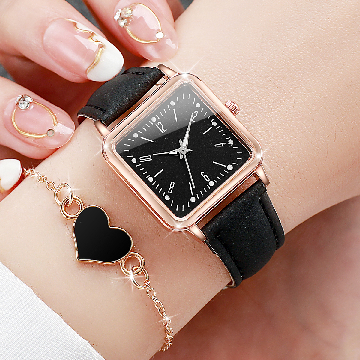 AliExpress Square Leather Band Women's Quartz Watch Set, view 3