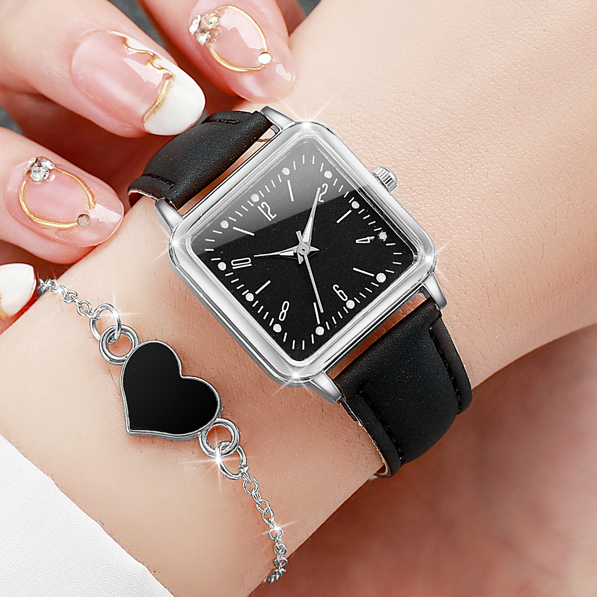 AliExpress Square Leather Band Women's Quartz Watch Set, view 5