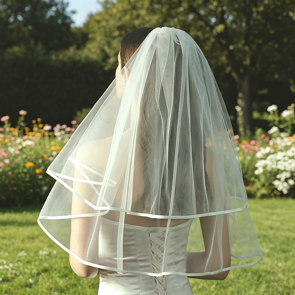 AliExpress 2 Layers Romantic Bridal Veil Simple Ribbon Edge Soft Tulle Wedding Veils with Clear Hair Comb Marriage Wedding Accessories