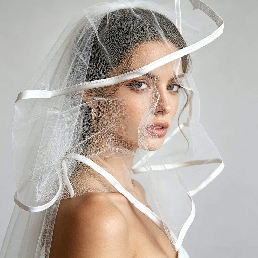 AliExpress 2 Layers Romantic Bridal Veil Simple Ribbon Edge Soft Tulle Wedding Veils with Clear Hair Comb Marriage Wedding Accessories, view 2