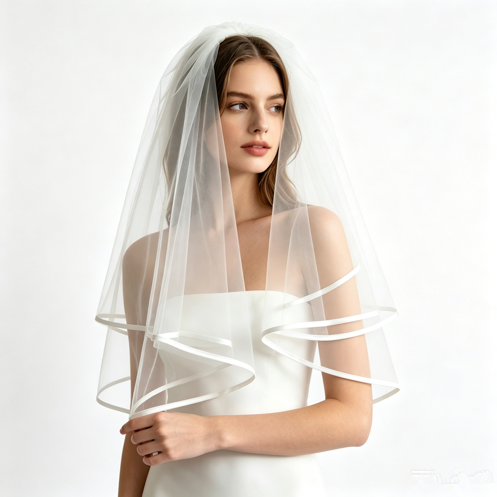 AliExpress 2 Layers Romantic Bridal Veil Simple Ribbon Edge Soft Tulle Wedding Veils with Clear Hair Comb Marriage Wedding Accessories, view 3