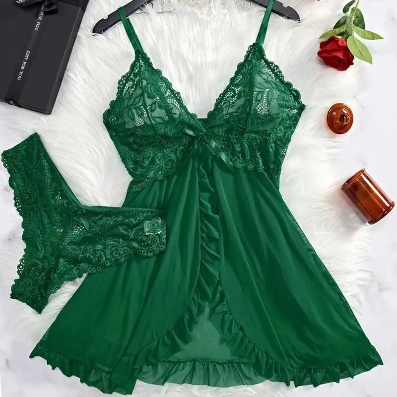 AliExpress 2 Pcs Set Lace Nightgown Women Exquisite Homewear New Green Nighttime Pajamas Transparent Split Nightdress V-Neck Bra Panty Sets
